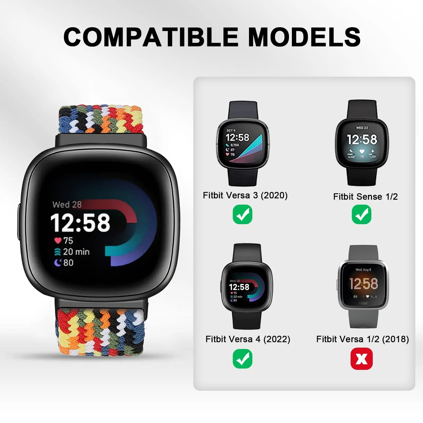 سوار مضفر من النايلون مناسب لفيبيت فيرسا 3/Fitbit فيرسا 4 سوار/Fitbit Sense/Sense 2 ، أساور رياضية مرنة مناسبة لفيبيت فيرسا 4 3