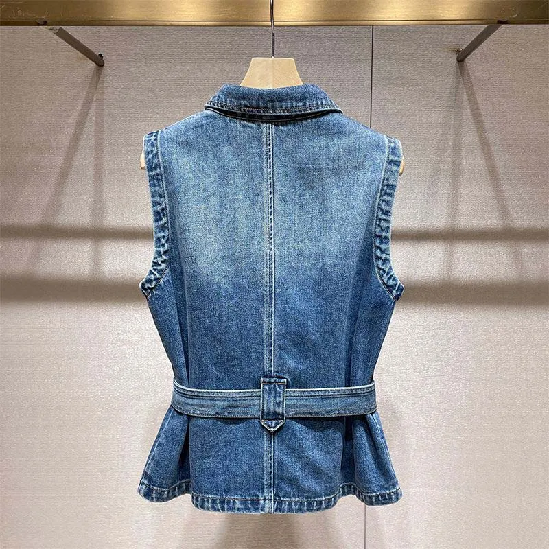 New 2026 Retro Trendy Strap Belt Denim Vest Coat Women's Denim Top Spring Autumn Casual Lapel Collar Jeans Outwear