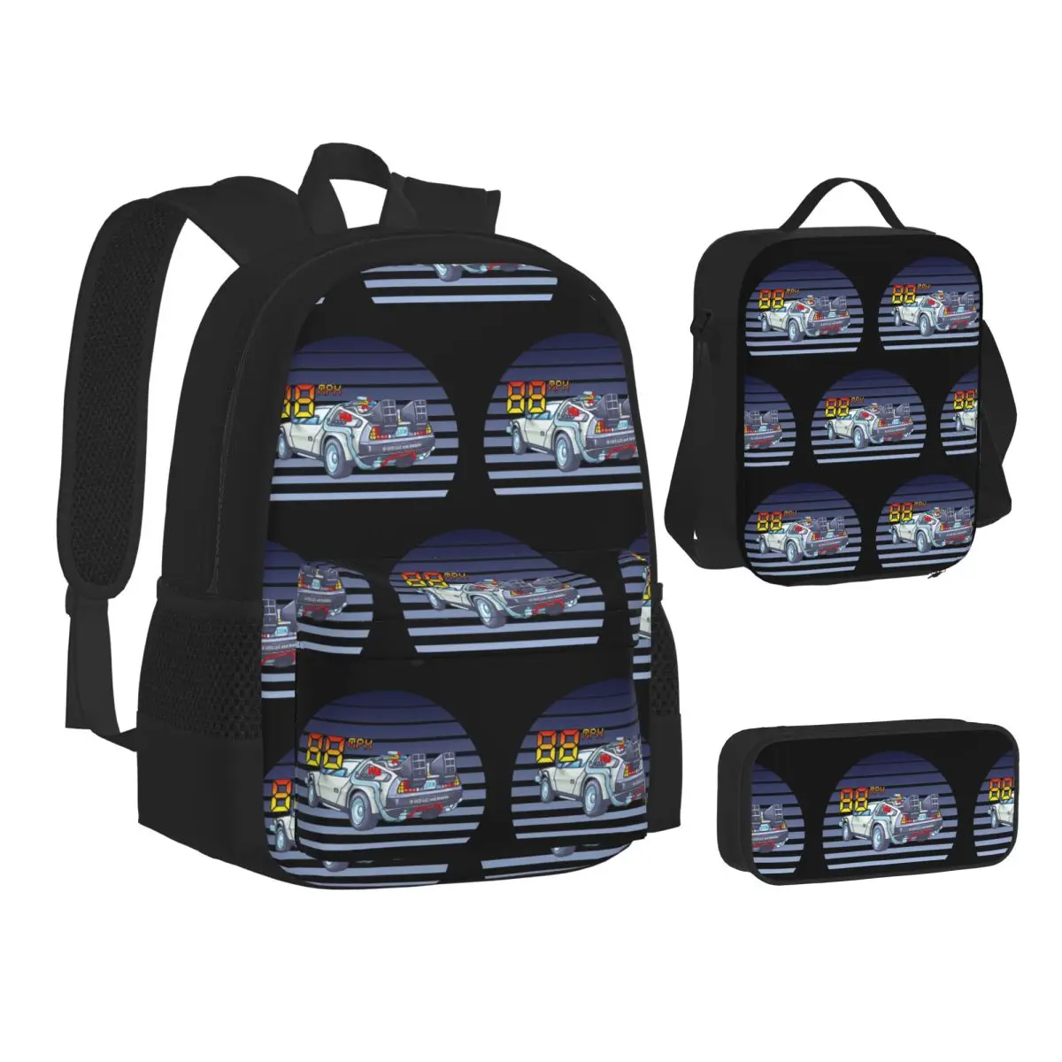 

DeLorean Back To The Future Backpacks Boys Girls Bookbag Children School Bags Kids Rucksack Lunch Bag Pen Bag Three-Piece Set