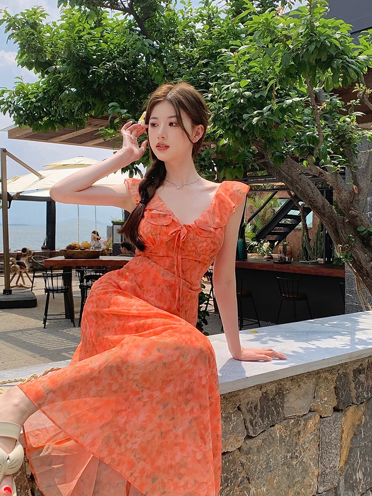 

Sweet Hot Girl V-neck Floral Chiffon Dress Women's Spring/summer Pure Sexy Slim Fit A-line Dress Fashion Female Clothes