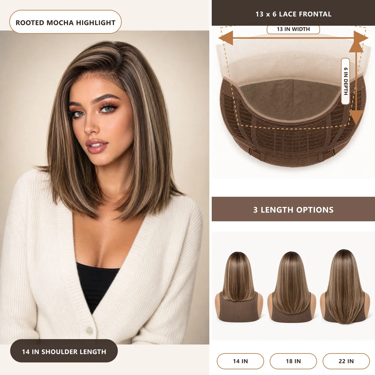 13x6 HD Lace Frontal Wig Mocha Brown Highlight Blonde Layered Straight Synthetic Wigs for Women 14 18 22 Inch Glueless