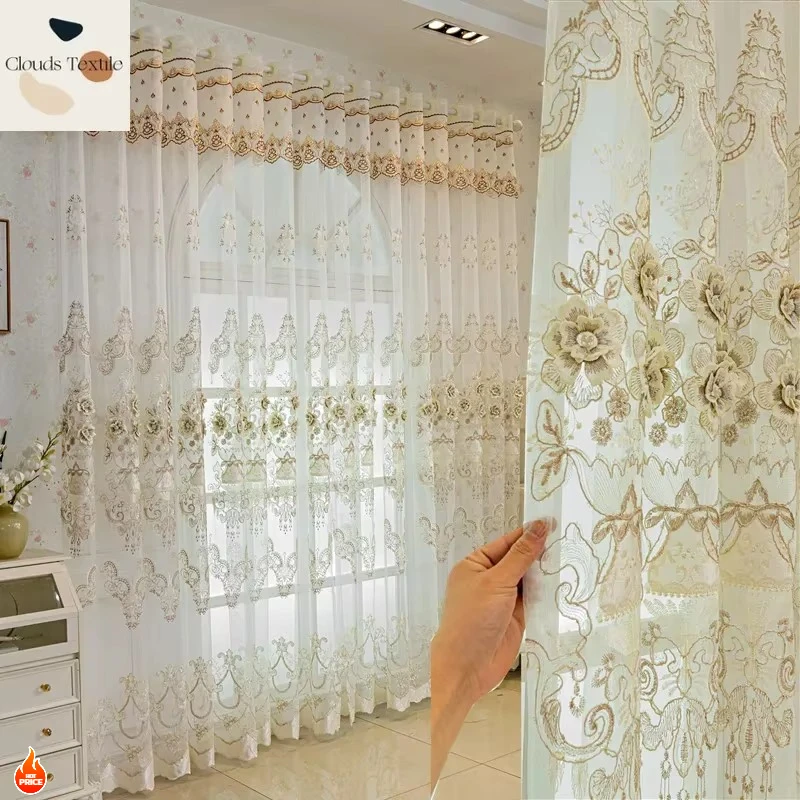 

European High-grade Luxury Balcony Curtains for Living Dining Room Bedroom Floating Window Gauze Embossed White Customie