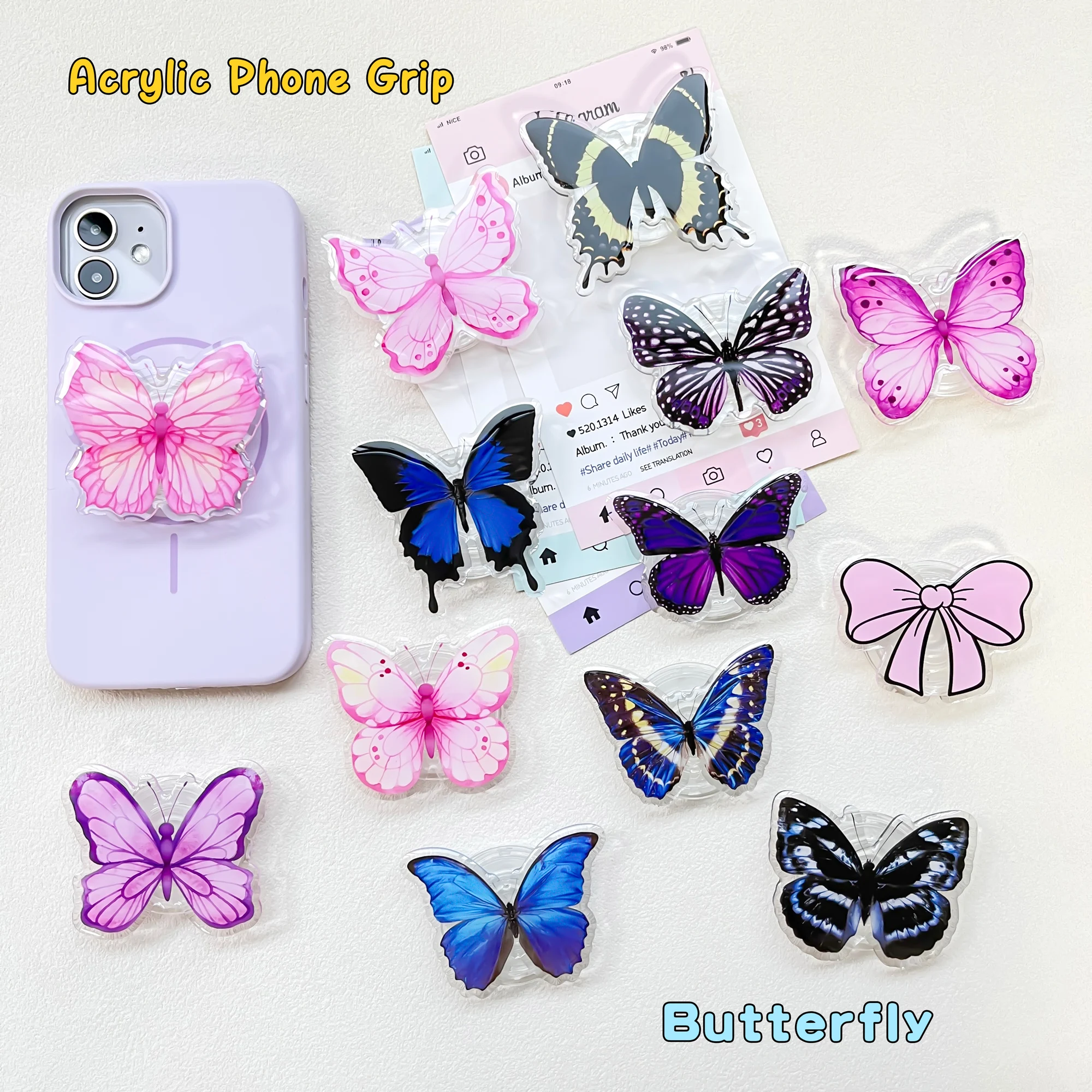 Niedlicher Schmetterlings-Handyhalter Griptok Ring für iPhone 16 15 Universeller, hübscher Schleifen-Handy-Ständerhalter mit Pop-Sockel