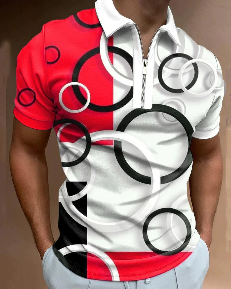 Round Pattern Fashion Men's Polos T-Shirts Summer Short Sleeve 3D Printed Street Trend Zippers POLO Tee 6XL Big Size Casual Tops