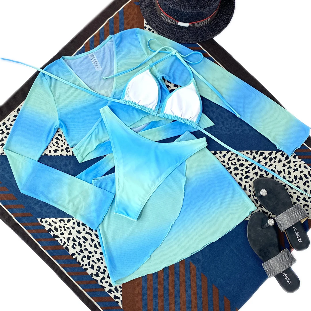 Tie-Dye-Bikini, Damen-Badeanzug, Damen-Bademode, vierteiliges Bikini-Set mit Sarong, Strand-Badeanzug mit langen Ärmeln, Badebekleidung, Modell V3348. – Detail 14