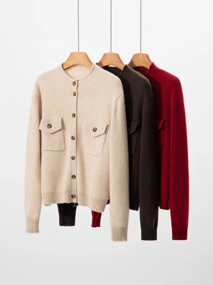 

Женский элегантный вязаный кардиган из 100% кашемира, свитер, осень-зима, толстый повседневный свободный теплый комфортный костюм с воротником-стойкой, топы