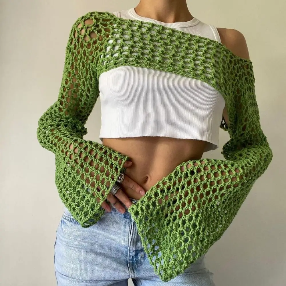 Y 2K Mouw Schouderophalen Trui Zachte Acrylvezels Vrouwen Gehaakte Crop Top Comfortabele Lange Mouw Trui Met Ronde Hals Schouderophalen Pullover