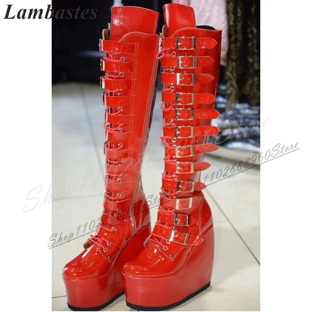 

Knee High Red Glossy Leather Buckle Strap Platform Boots Wedges Heel Women Shoes Side Zipper Round Toe Punk Style Women Boots