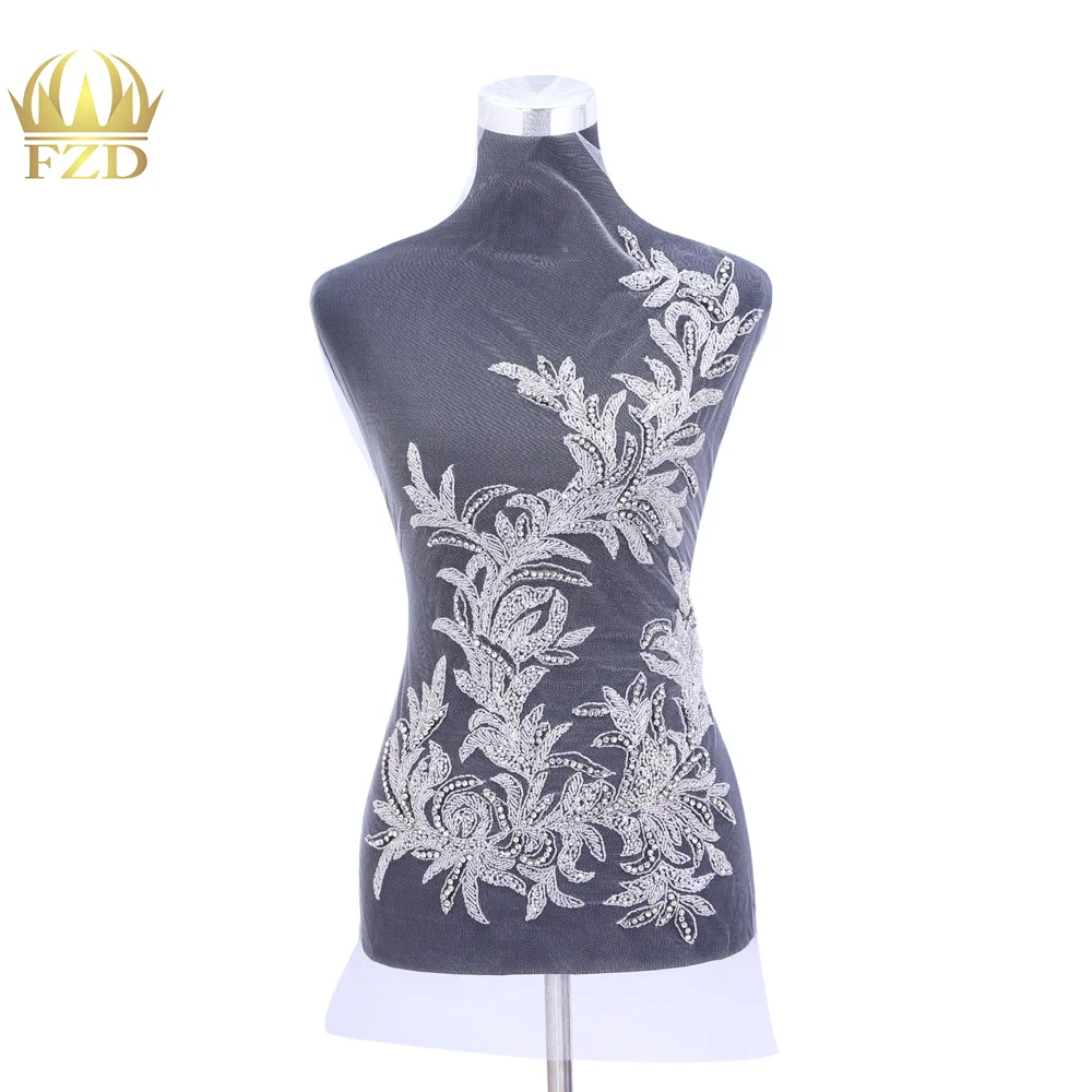 

FZD 1 Piece Embroidery Patch Handmade Sequin Cut Beads Bodice Patches and Rhinestones Applique with Gauze for Wedding Dresses