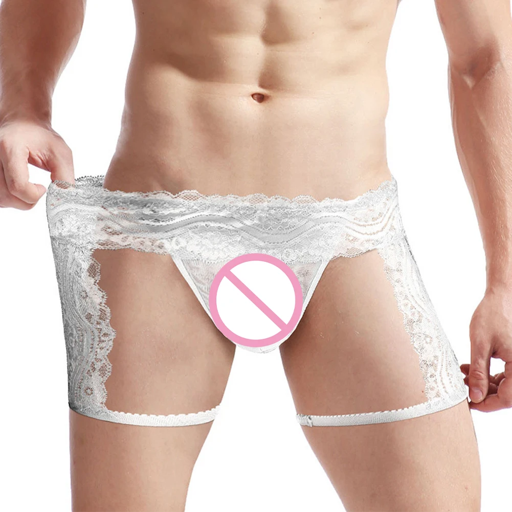 

Men Lace Sissy Underpants Thong See Through Sheer Underwear Bulge Pouch Briefs Trunks Open Back Underpants Gay Undies