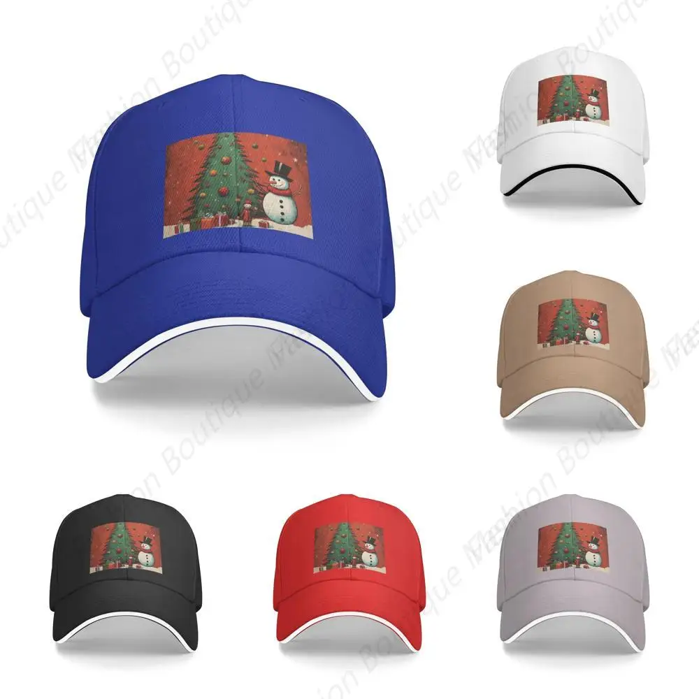 

High Quality Snowman Christmas Tree Print Sandwich Caps Peaked Caps Trucker Hat Men Women Outdoor Sport Travel Sun Visor