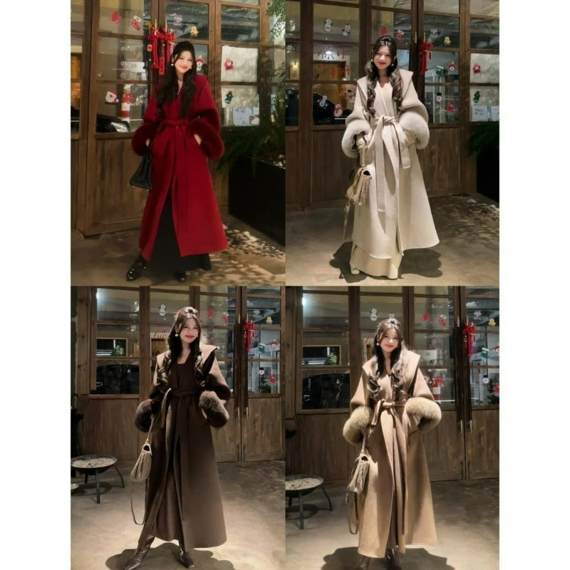 معطف صوفي جديد على الطراز الكوري لخريف/شتاء 2026 سترة صوفية طويلة عصرية بأكمام منفوشة للأشخاص القصيرين #6