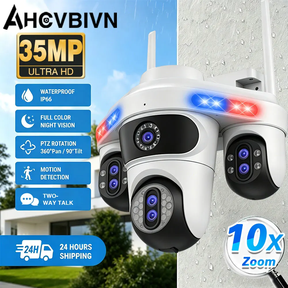 10X Optical Zoom 35MP 7 Lens 4 Screen WiFi PTZ Security Camera Outdoor 360° Triple PTZ Auto Tracking Waterproof Surveillance Cam