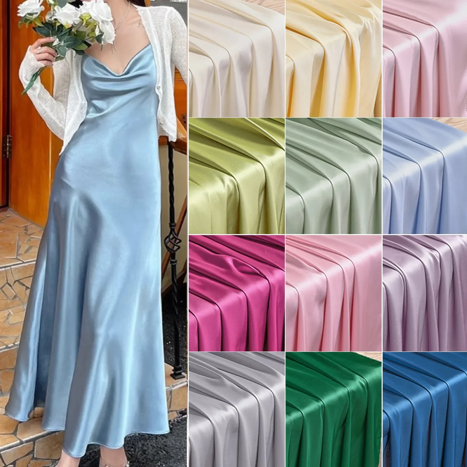 فستان من الساتان المقلد باللون الأحمر والأبيض والأسود السائل الناعم من الأسيتات، فستان زفاف، ثوب مسائي، معطف بيجامة، قماش مصمم #2