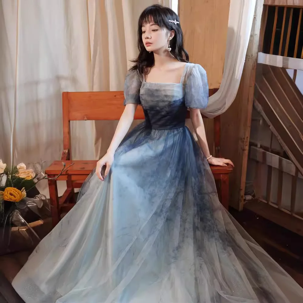 Grey Blue Evening Dress Elegant Women's Puff sleeve Party Dress Fashion Pleated Square Collar Long Gown A-Line Prom Dress 2025