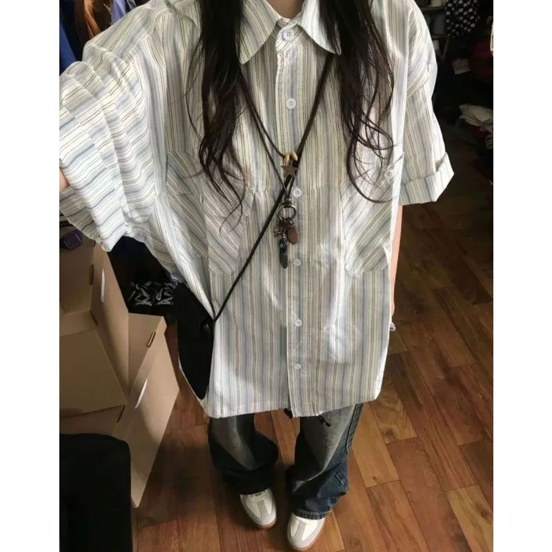 Stripe Oversized Short Sleeve Shirt Woman Japanese Vintage Button Up Blouses Summer Harajuku Fashion Casual Korean Style