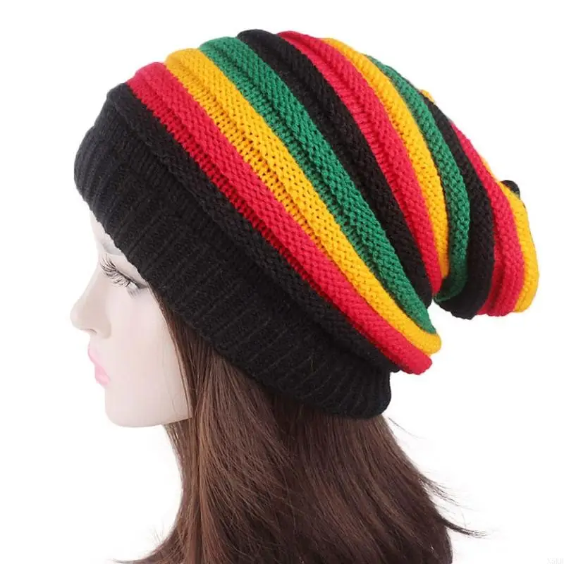 N5KB Women Men Unisex Rainbow Striped Hat Colorful Knitted Beanie Winter Warm New