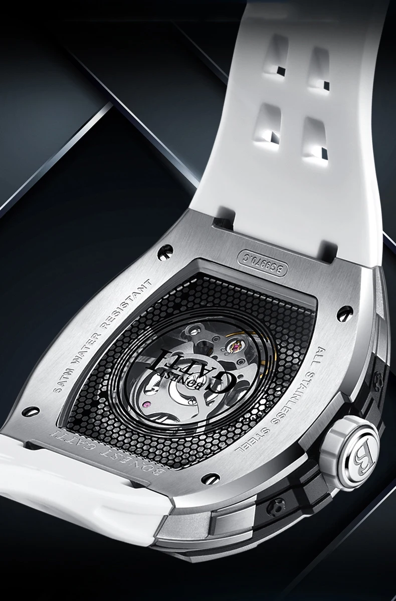 BONEST GATTI Orologio automatico da uomo Orologio da polso meccanico Tonneau di lusso Impermeabile Zaffiro Luminoso Cinturino in gomma fluorurata Scheletro