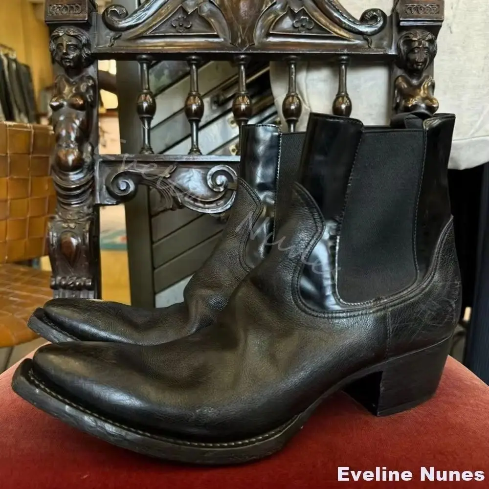 

Retro Pointed Toe Chelsea Boots Men Handmade Black Genuine Leather Slip On Chunky Heel Stretch Boots New Fashion Wizard Boots