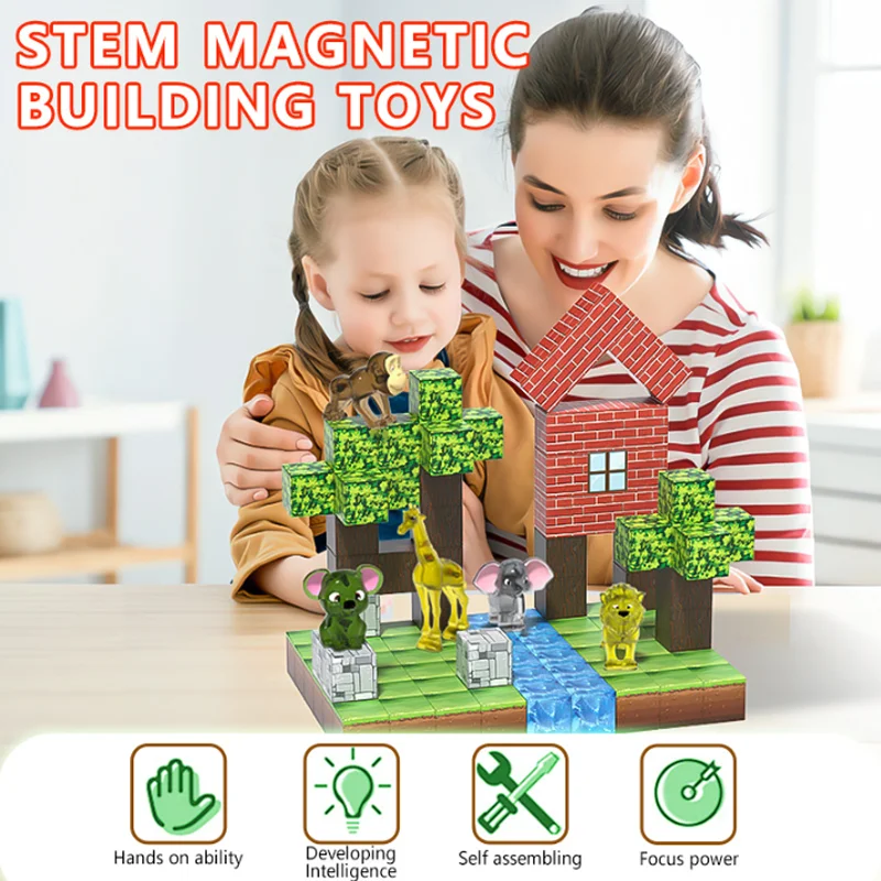 자석 블록 마인 월드 자석 큐브 세트 (남아/여아/3세 이상) DIY 모델 어린이 STEM 감각 발달 장난감 선물
