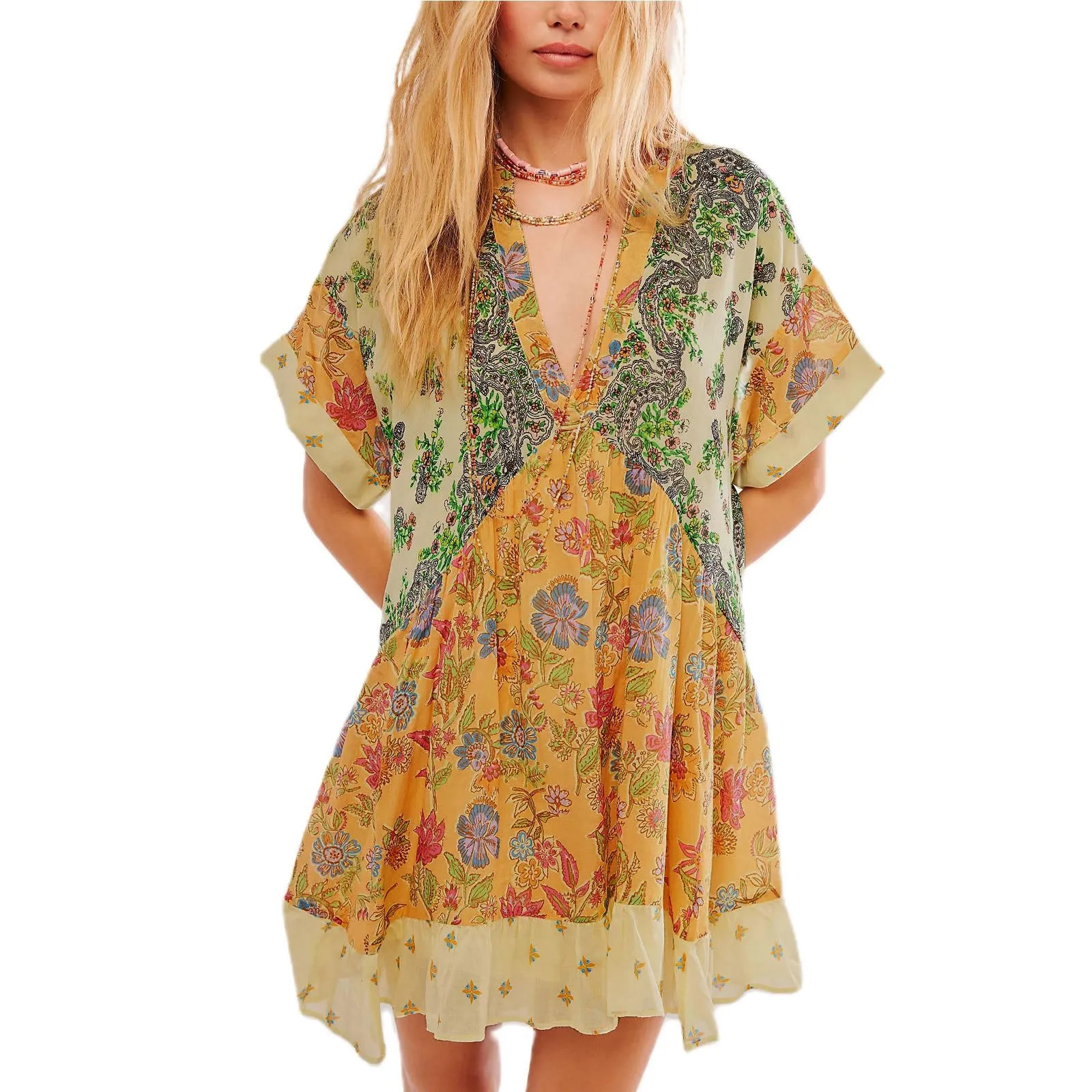 Zomer Vrouwen Boho Jurken Y 2K Vintage Bloemen A-Lijn Jurk Mode Ruffle Mini Jurk Dames V-Hals Casual Strand Zomerjurk