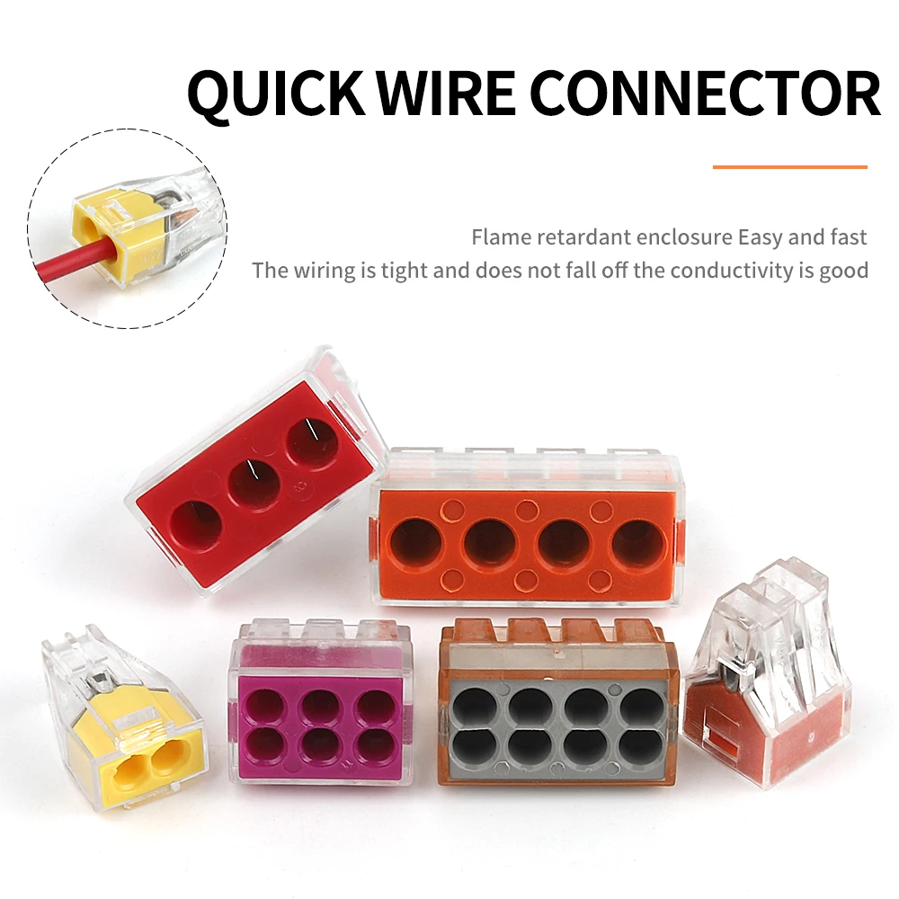 

10PCS Mini Push-In Wire Connectors Quick Compact Conductor Wiring Terminal Block Electrical Cable Connection 2/3/4/6/8 Ports