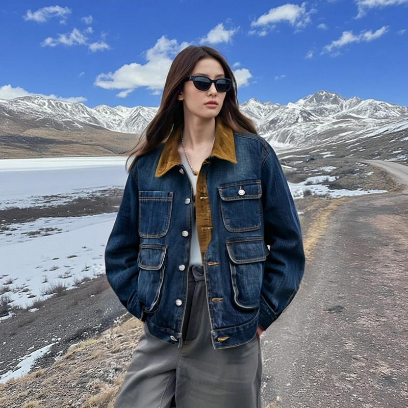 

Spring and autumn new fashionable men's fashion classic retro May khaki loose cargo multi-bag corduroy denim jacket couple coat