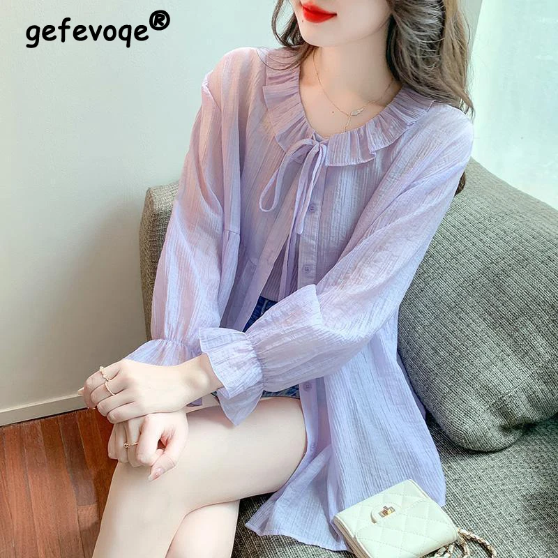 Women\'s Summer Korean Fashion Ruffles Lace Up Sunscreen Shirt Sweet Chic Long Sleeve Thin Blouse Female O Neck Solid Loose Tops