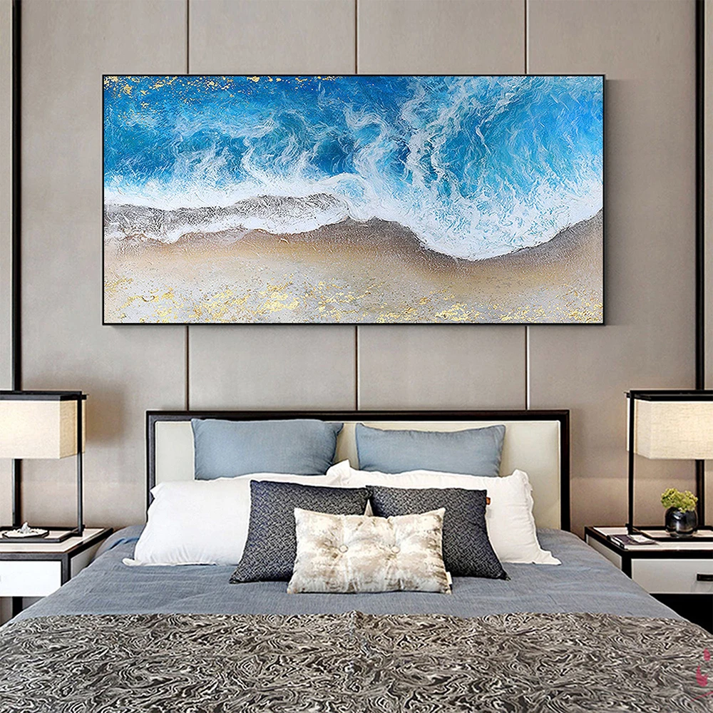 

Handmade Oil Painting Large Original Beach Oil Painting Canvas Abstract Blue Ocean Wave Painting Modern Living Room Home Decor