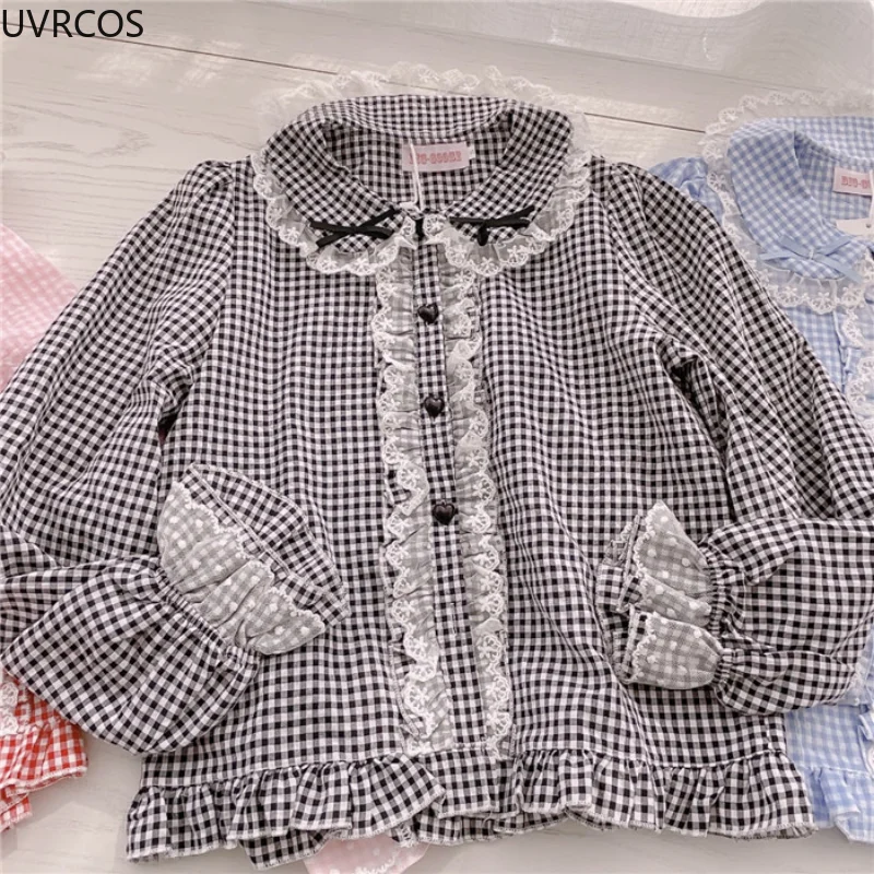 Blusa de Lolita estilo Preppy para Mujer, camisa a cuadros con volantes de encaje con lazo bonito, blusa gótica Kawaii de manga larga Harajuku para Mujer