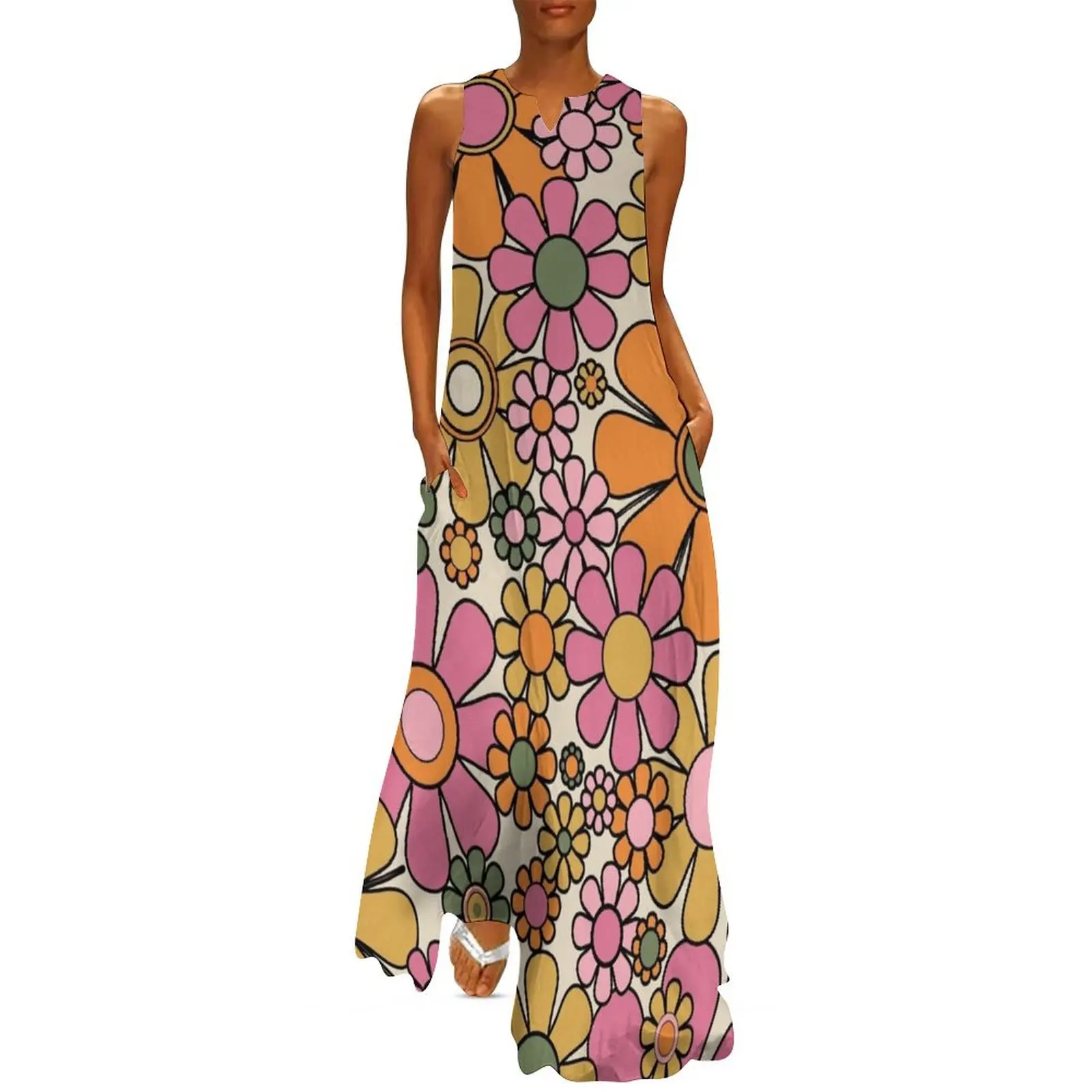 

Retro Garden Flowers Groovy 60s 70s Floral Pattern Thulian Pink Orange Mustard Green Black on Cream Beige Long Dress