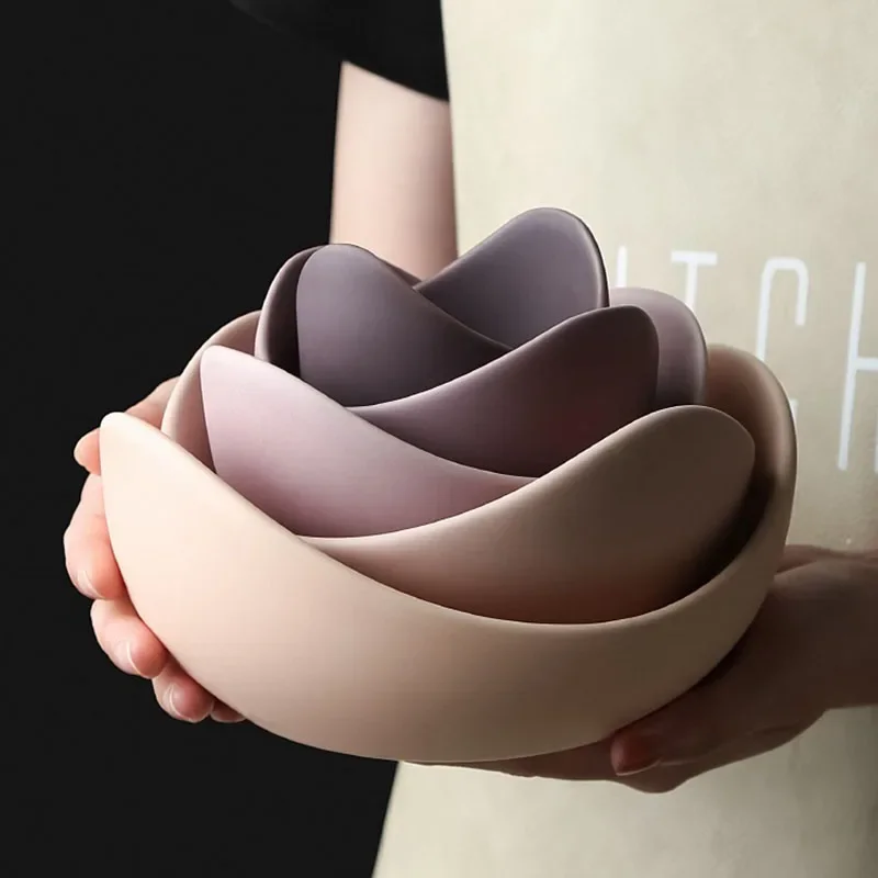 Juego de Platos y Tazones de Cerámica Lotus, Decoración Creativa, Plato para Frutas y Ensaladas, Plato para Cena, Organizador, Contenedor con Forma de Flor