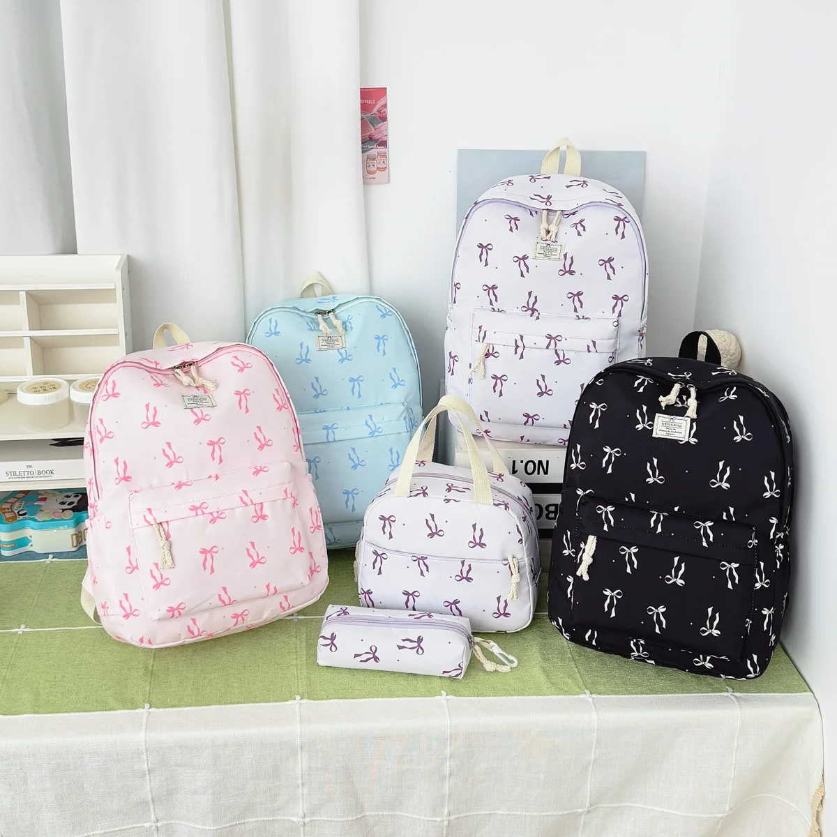 Sweet Girl Style Bow Print Three Piece Backpack Set Nylon Lightweight Large Capacity Backpack Campus Commuting Student Backpack