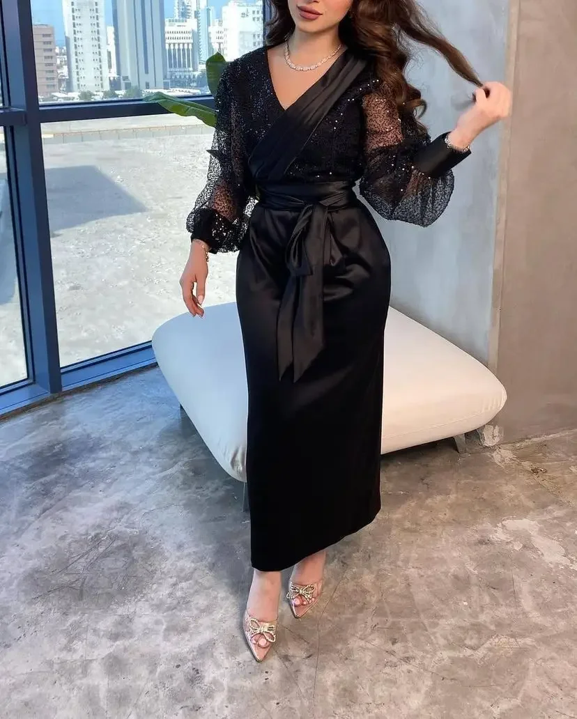 

Black Long Sleeves Prom Dresses V Neck Pleated Sequins Ankle Length Back Zipper Formal Party Dresses Customized