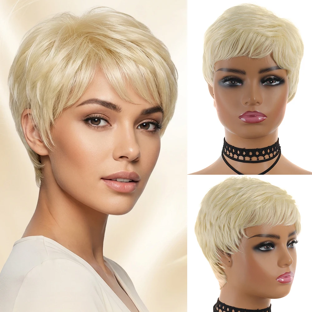 Platinum Blonde Pixie Wigs for Back Women Short Layered Synthetic Wig for Daily Party Cosplay Use(Platinum Blonde)