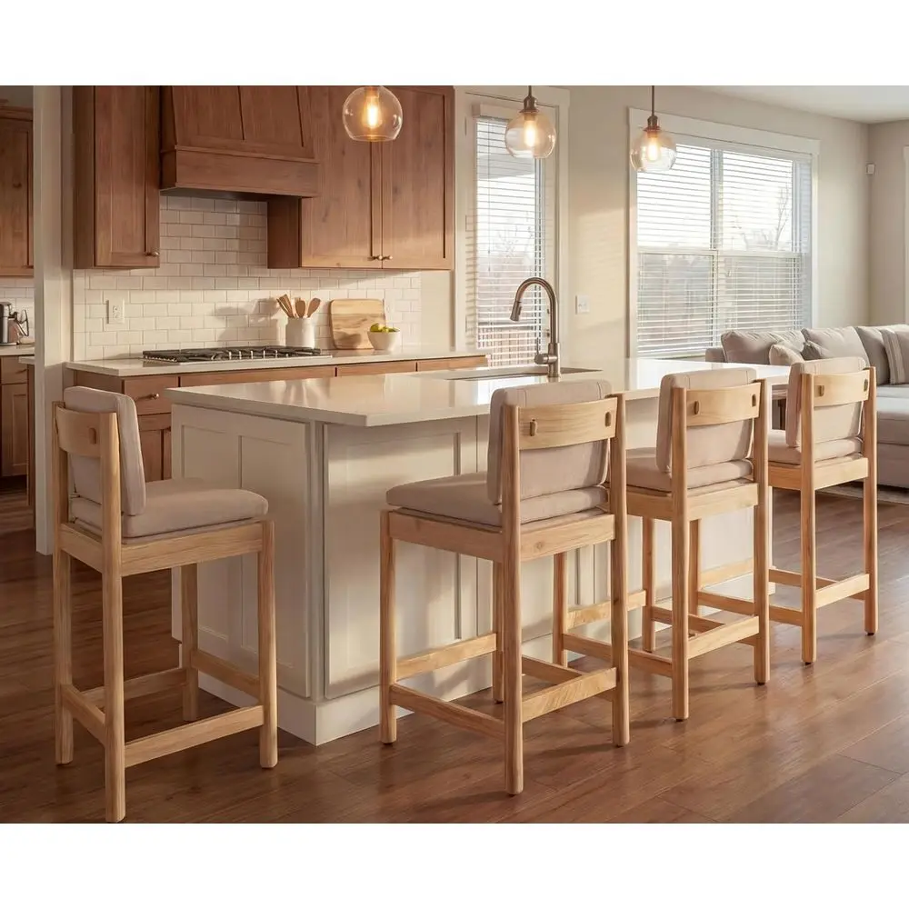 

Set of 4 Upholstered Linen Bar Stools with Natural Wood Legs for Kitchen Island/Pub, Beige