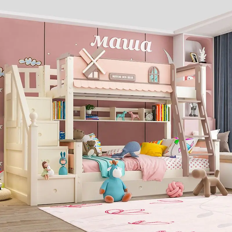 *Modern Kids Bunk Bed With Windmill House Theme Storage Stairs Drawers Bookshelf Luxury Children Bedroom Furniture for Girl
