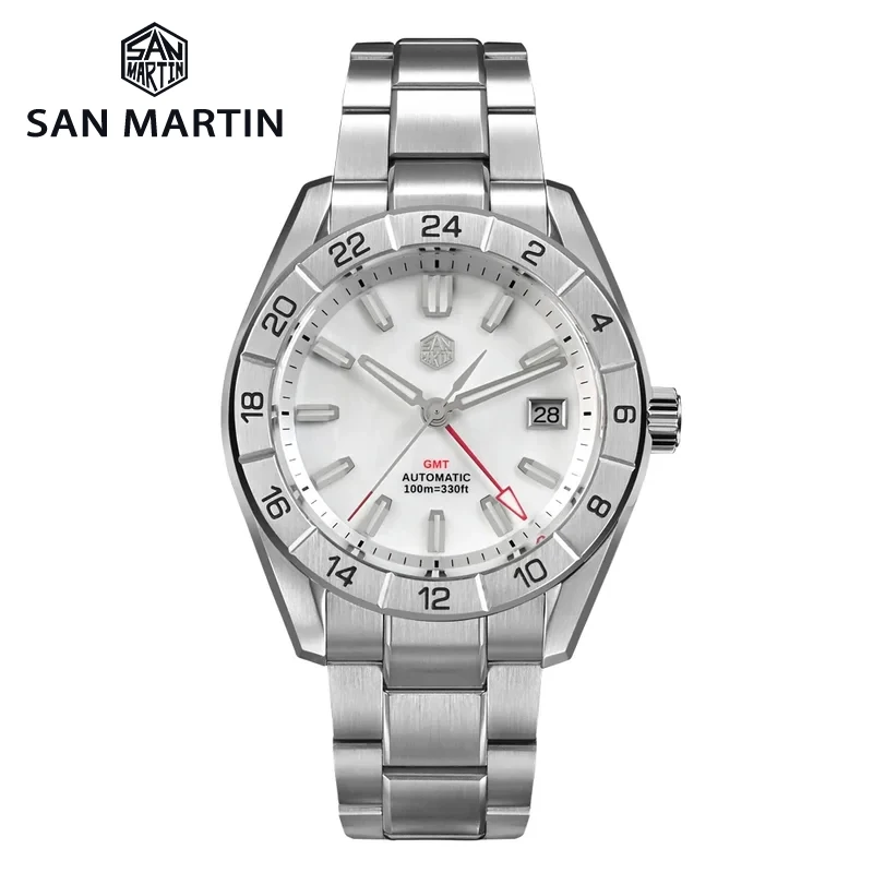 San Martin 42mm MOP Dial Men\'s Luxury Watches Business Dress Watch NH34 GMT Automatic Mechanical Sapphire Luminous 10Bar SN0130