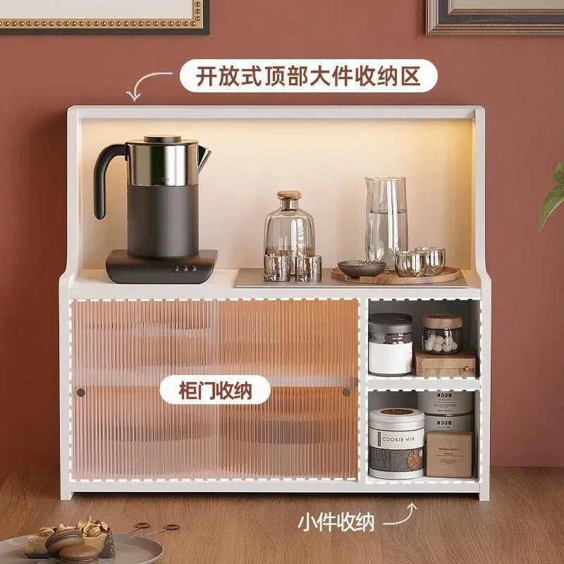 Solid Wood Dining Table with Shelf and Cup Holder Kitchen Side Cabinet Simple Dust Proof Glass Door Desk Side Storage Unit
