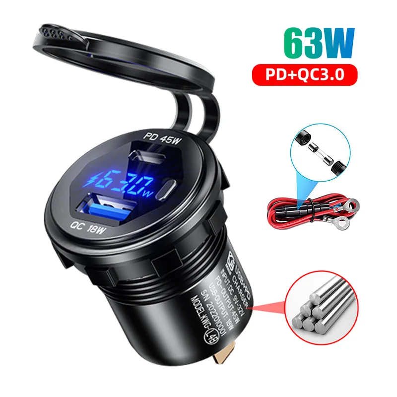 Aluminum Quick Charge 3.0 and PD Type C Dual USB Car Charger Socket 12V/24V 63W Dual USB Motorcycle Socket Power Outlet Charge