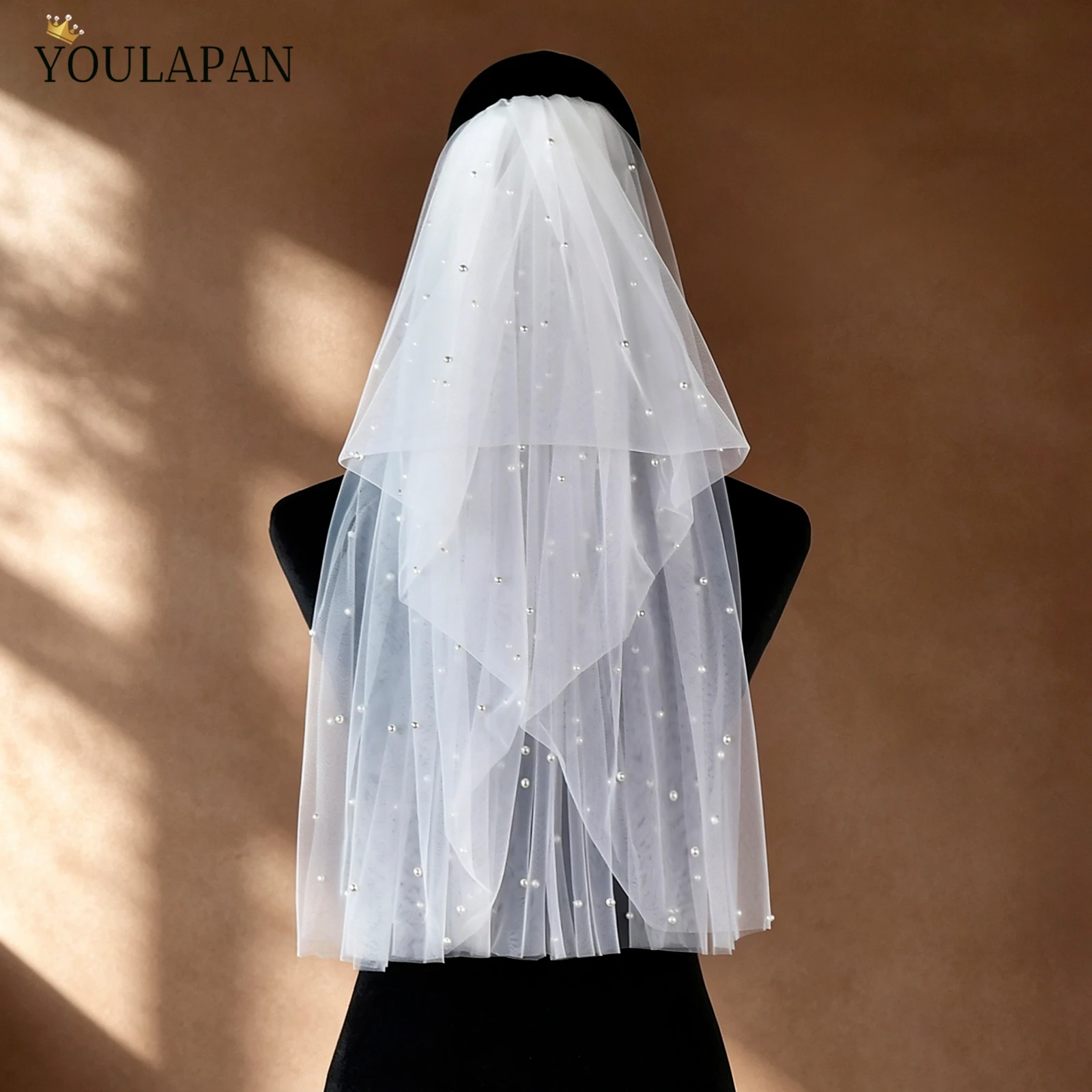 TOPQUEEN Wedding Veil Pencil Edge Veil 2 Tier Pearl Bride Veil With Comb For Bride Wedding Accessories Customizable V372