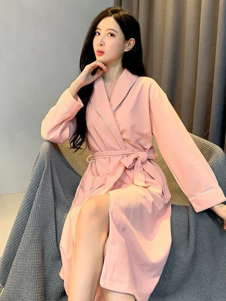 Autumn Couples Pajamas Sets Women Men Cardigan Nightgown With Belt Cotton Soft Long Sleeve Bathrobe Casual Home Night-Robe