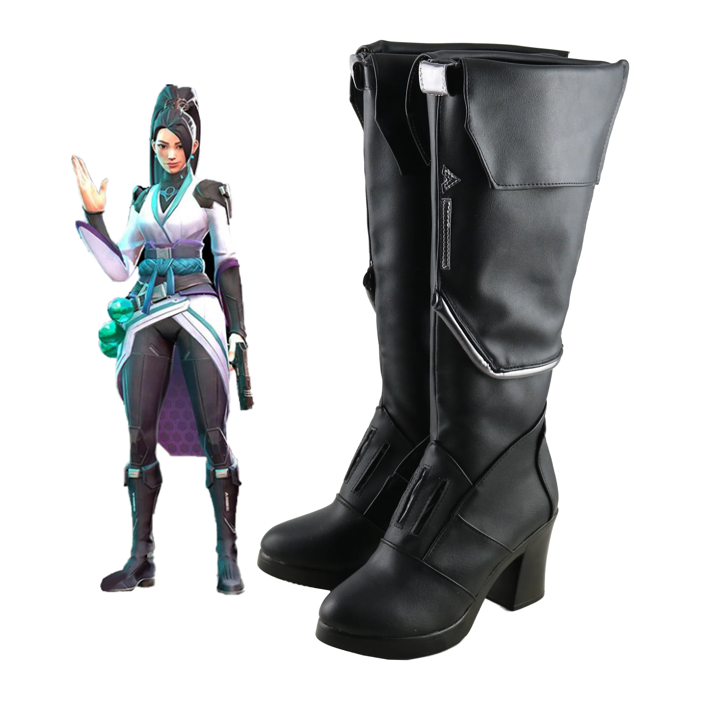 Valorant-sage cosplay sapatos de couro de salto alto meados de bezerro botas halloween masquerade carnaval desempenho festa traje adereços