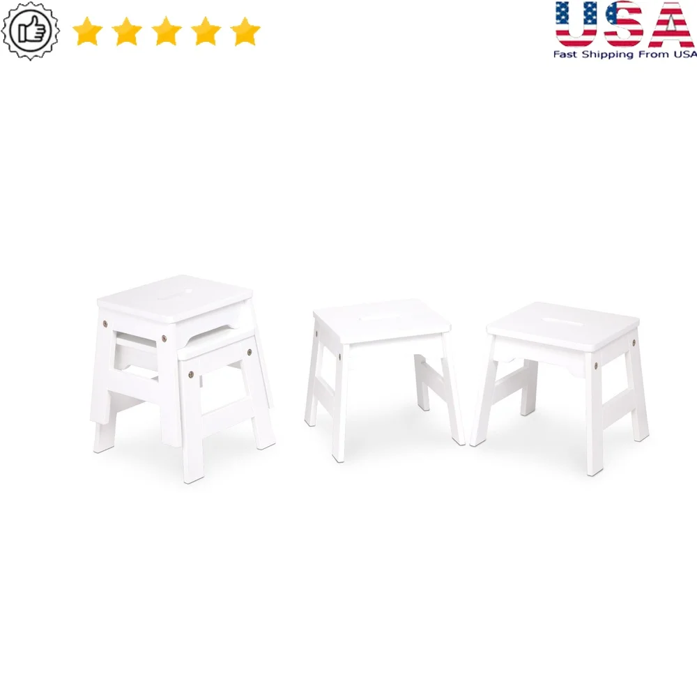 

Set of 4 Stackable Wooden Stools Portable 11 Inch High Kids Furniture Easy Carry Clean Design Ideal Playroom Activities