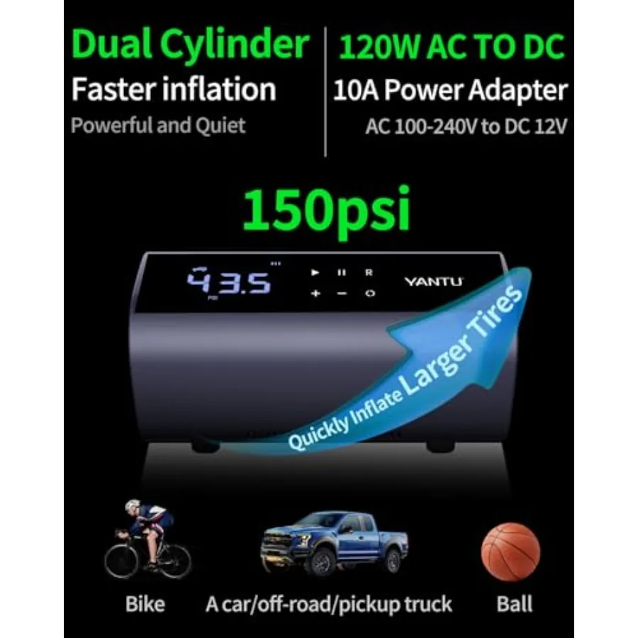 120 واط 10A التيار المتناوب منفاخ إطارات محمول اسطوانة مزدوجة سيارة الإطارات مضخة هواء مع 8.3 بوصة شاشة رقمية كبيرة 12 فولت ضاغط الهواء للسيارة