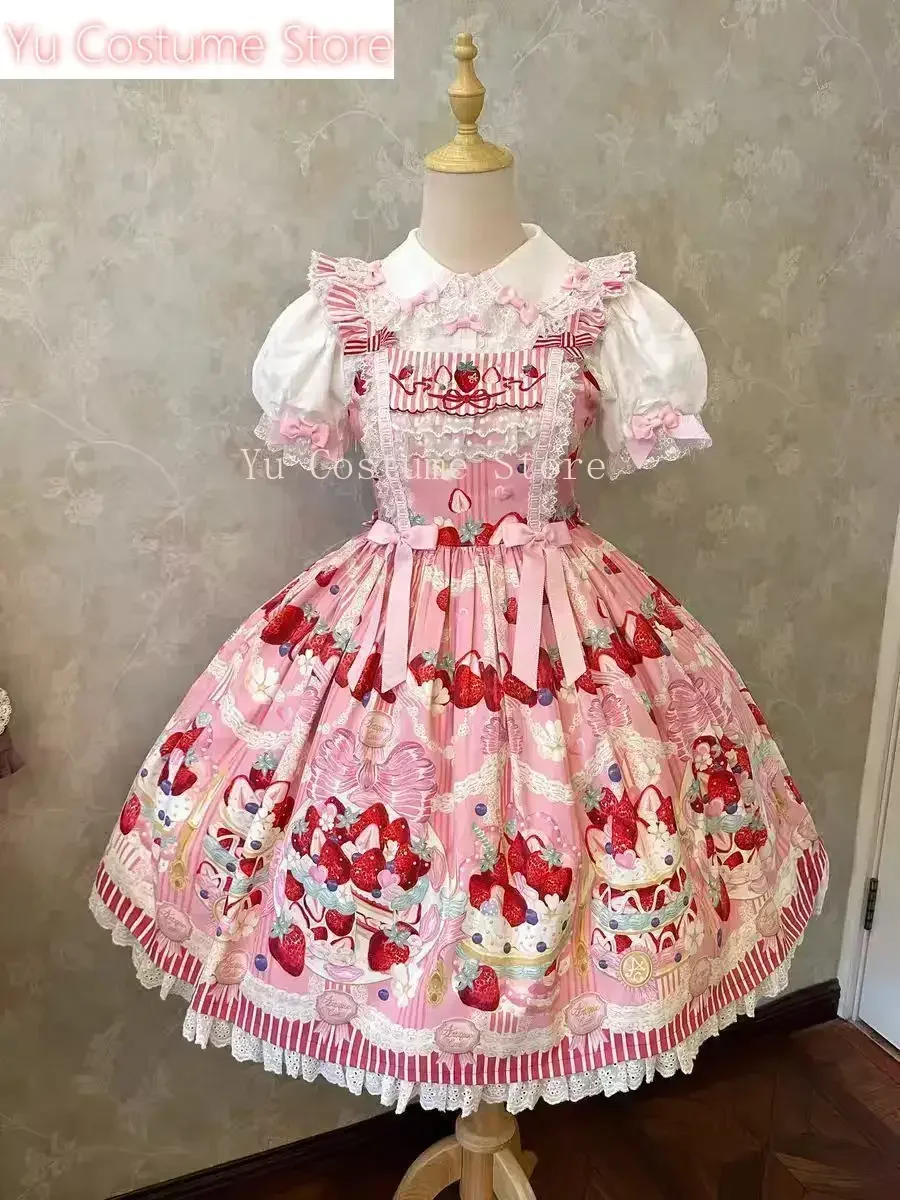 

Victorian Sweet Lolita Jsk Dress Cute Striped Strawberry Cake Print Suspenders Dress Japanese Summer Kawaii Party Dresses Yu