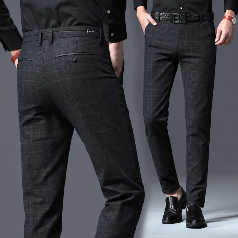 2024 Autumn New Men's Slim Plaid Casual Pants Fashion Soft Stretch Business Work Trousers Gentleman Brand Clothes Black Blue