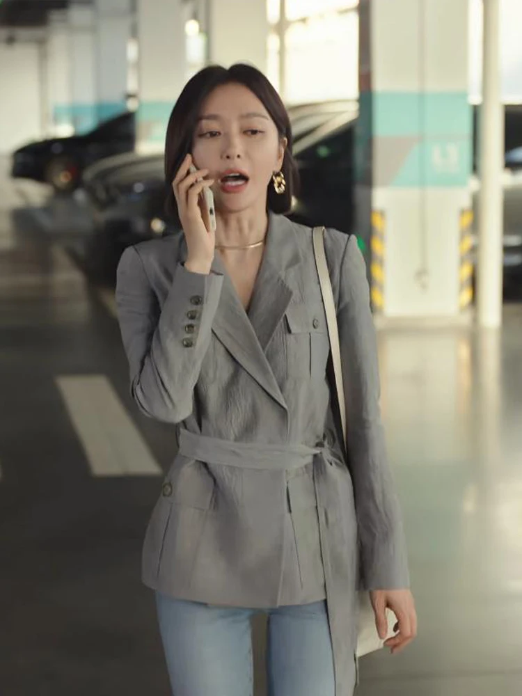 เสื้อคลุมกิโมโนลำลองแบบยาวสำหรับผู้หญิง พร้อมเข็มขัด สไตล์เกาหลี สำหรับฤดูใบไม้ผลิและฤดูใบไม้ร่วง แฟชั่นผู้หญิง ผ้าโพลีเอสเตอร์