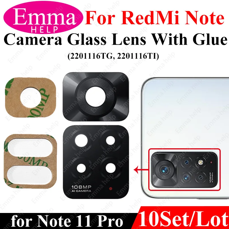 EmmaHelp10Pcs Rear Back Camera Lens Glass for Xiaomi Redmi Note 11 11S 11T 10 10S 9 9S 8 7 Pro Rear with Glue