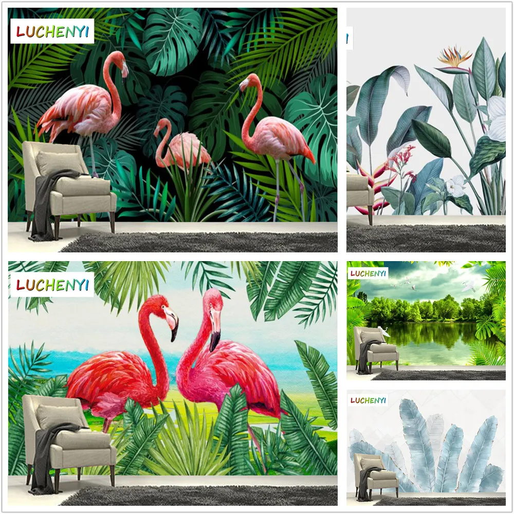 

Papel de parede custom tropical plant flamingos, landscape wallpaper mural,living room tv wall bedroom home decor